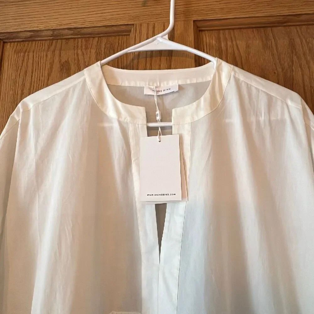 ANINE BING Addison Tiered Cotton V-Neck Long Sleeve Oversized Babydoll Mini Dres - Picture 5 of 13